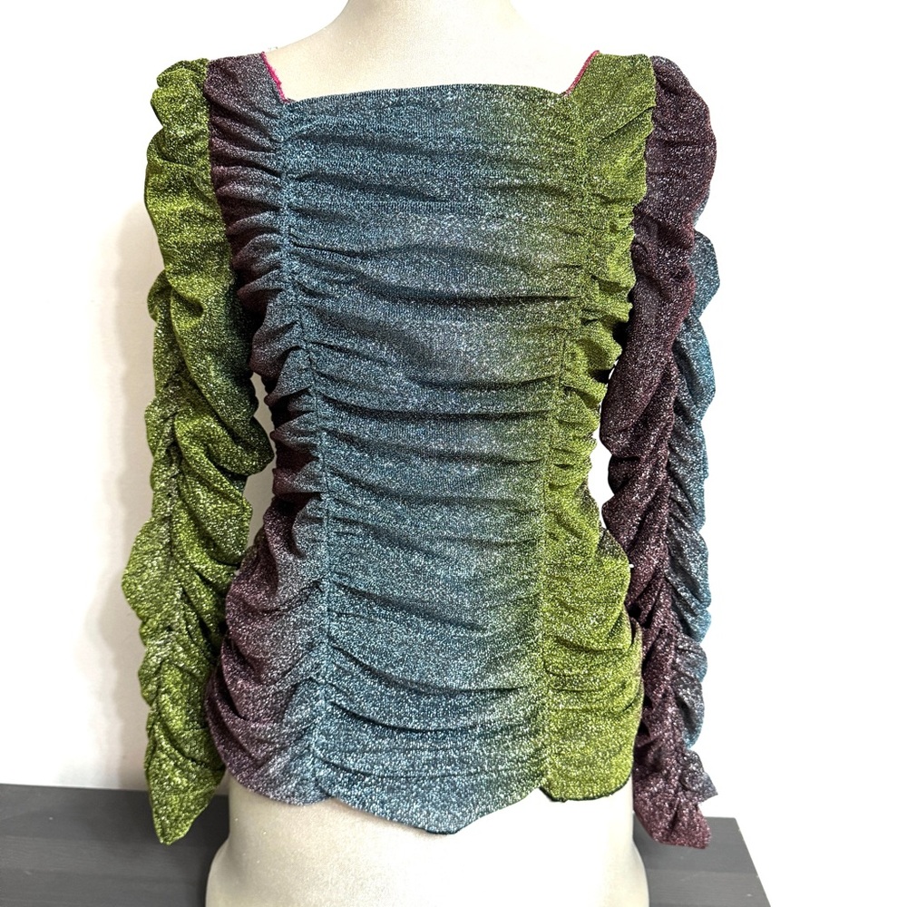 Metallic Ruched Square-Neck Blouse in Green and Teal